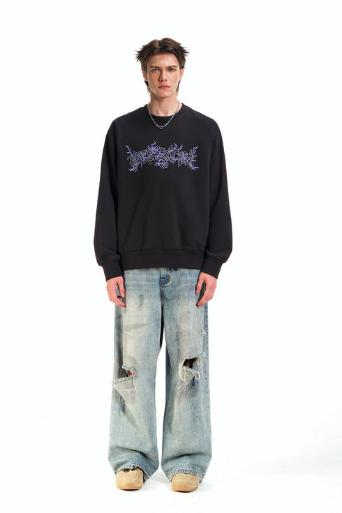 Embroidery Pattern Crew Neck Sweatshirt-Dark Grey